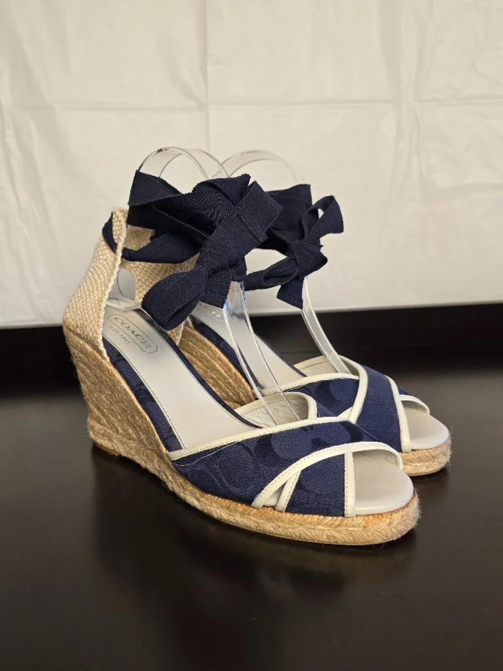 Coach Navy Blue Mila Signature Espadrille Ankle Tie Wedge Sandals Size 9